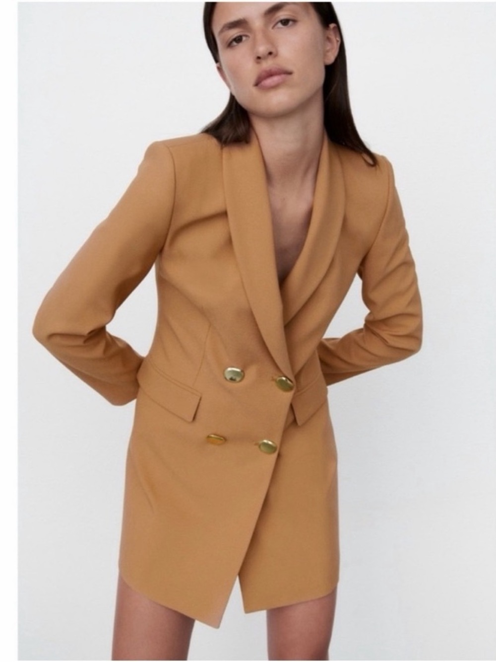 Zara Long Line Tailored Double-Breasted Blazer Dress in Camel